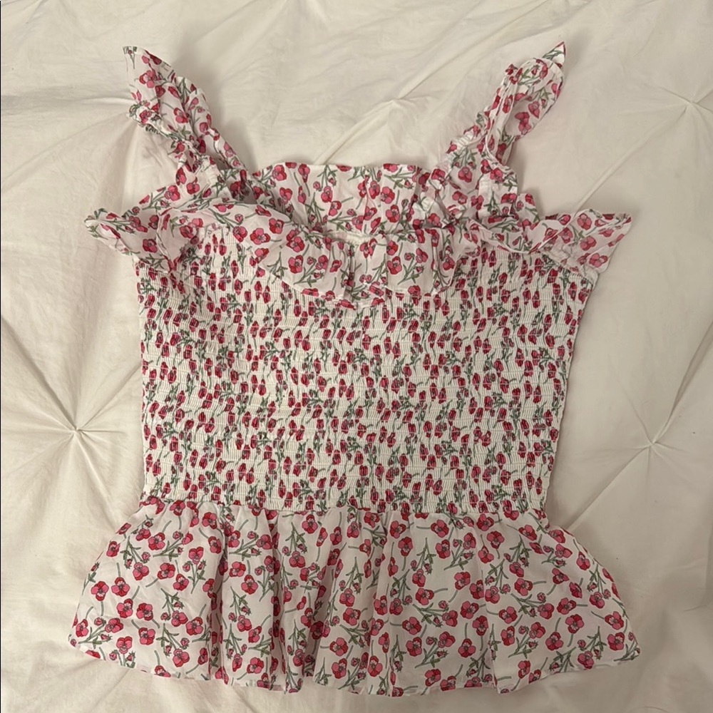 J. Crew Red Pink Smocked Peplum Floral Tank Top